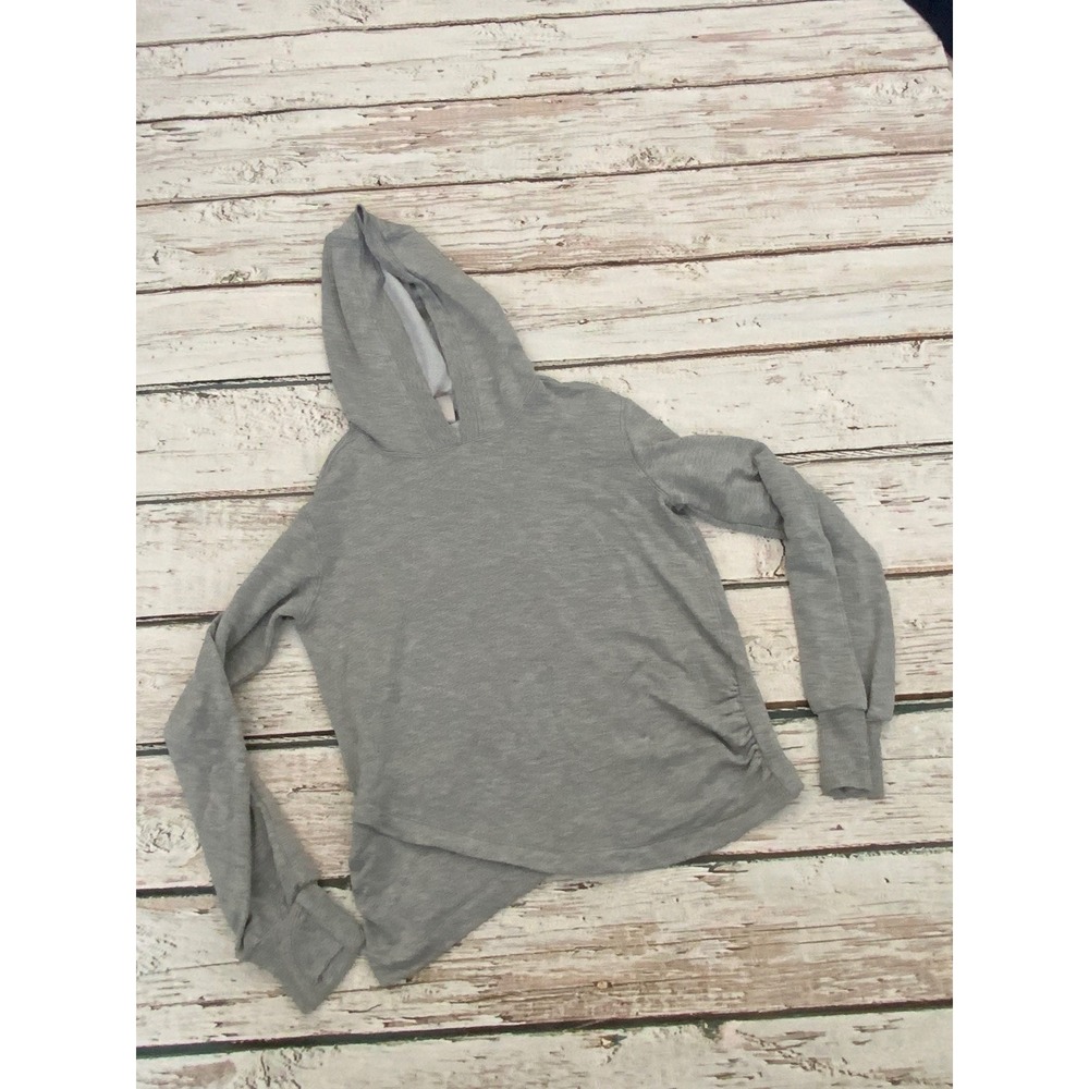 Athleta Girl Gray Hoodie Tulip Hem Thumbhole Pullover Sweatshirt Size‎ L 12